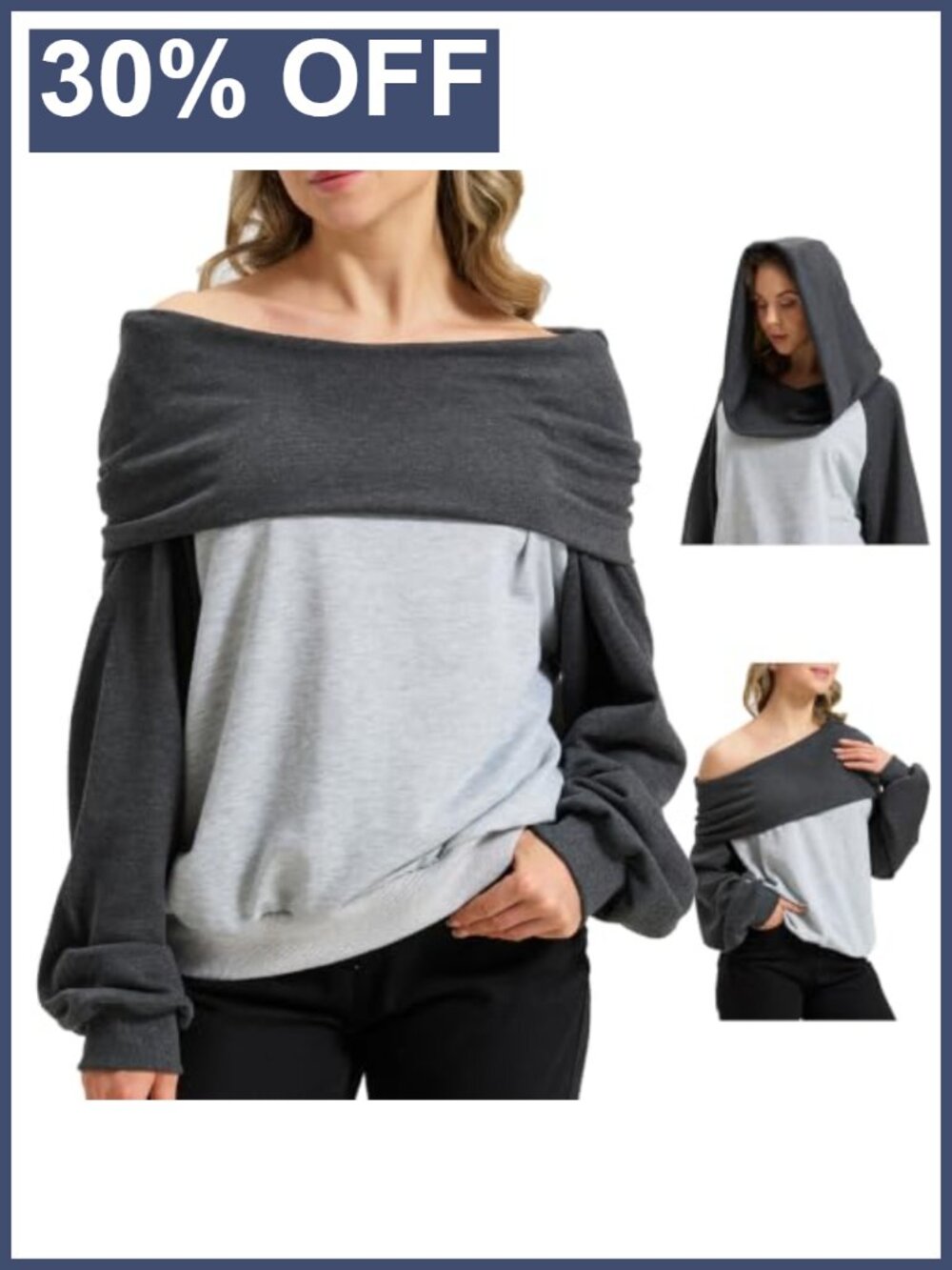 2-in-1 Convertible Off Shoulder Hoodie French Terry Pullover Womens